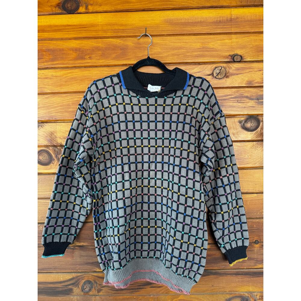 VINTAGE | CHRISTINE FOLEY 1980s GRID Cotton Collar Sweater Size S/M - Picture 5 of 5